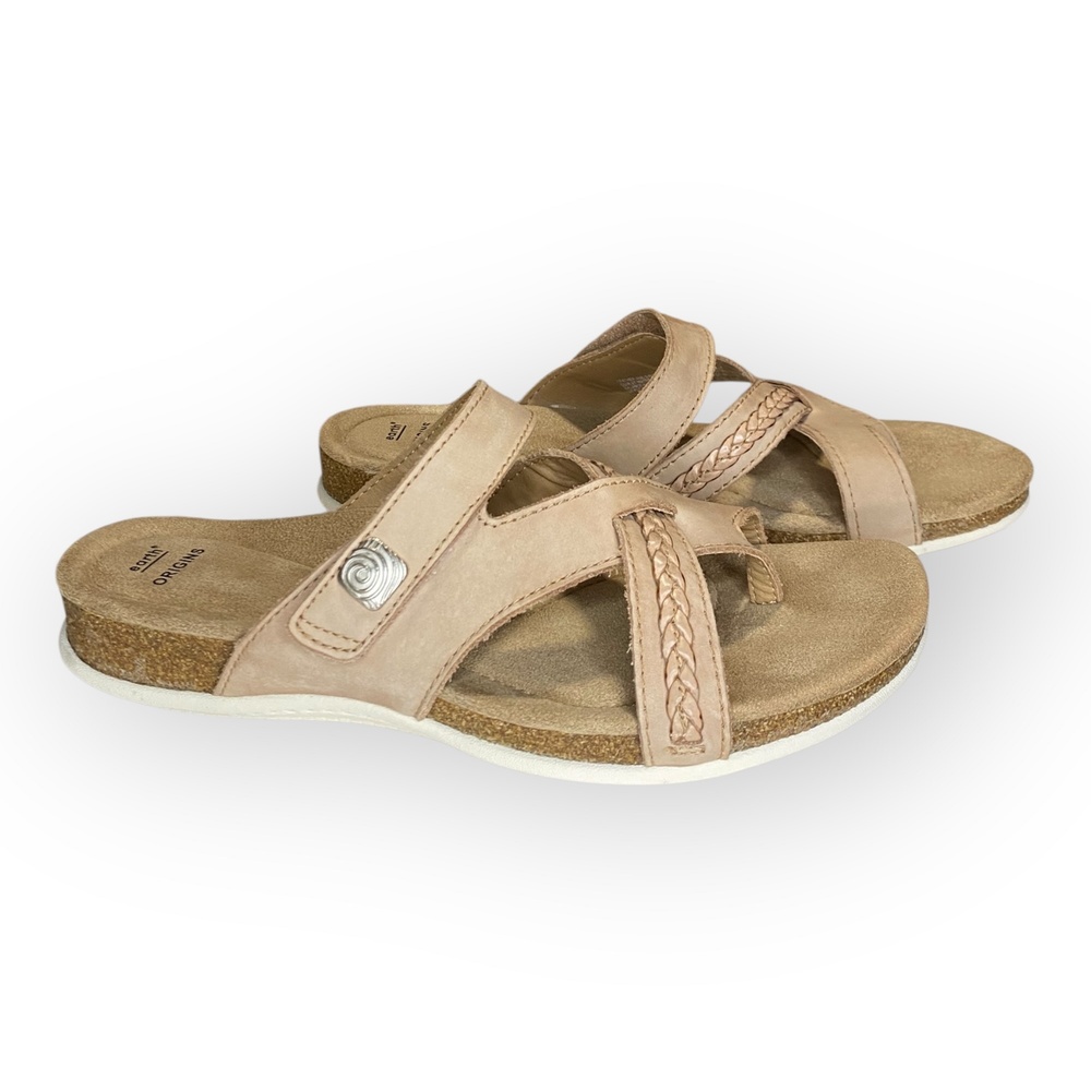 Earth Origins Sandals Womens Size 9.5 Tan Braided Leather Toe-Loop Cork Sole